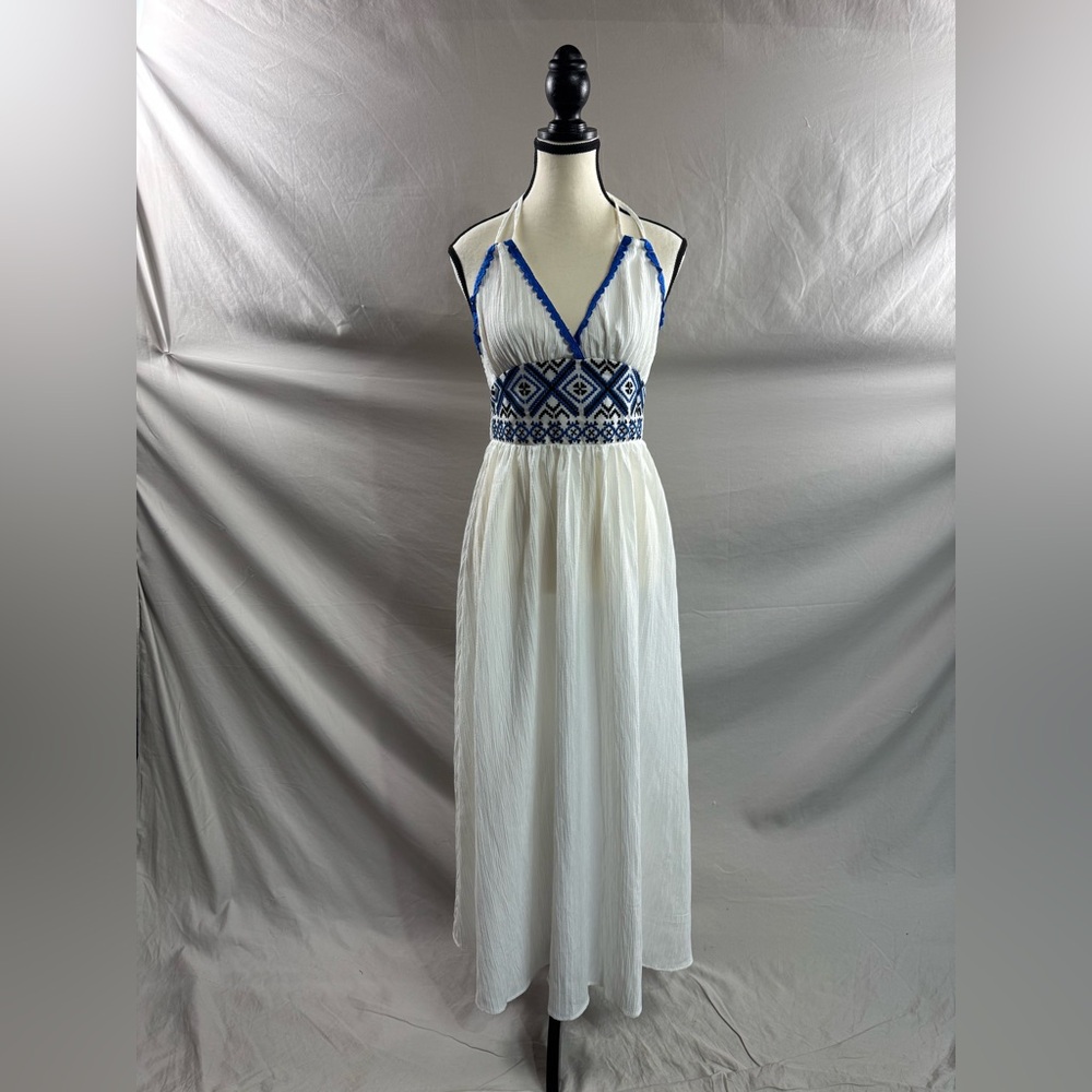 Boho Embroidered Split Hem Halter Dress White - Picture 5 of 8